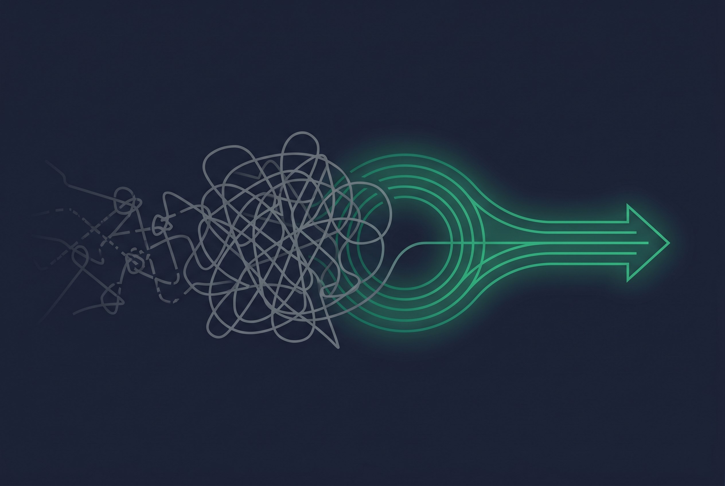 Tangled complex lines simplifying into clean organized flow — DataFeedWatch alternative for Shopify merchants
